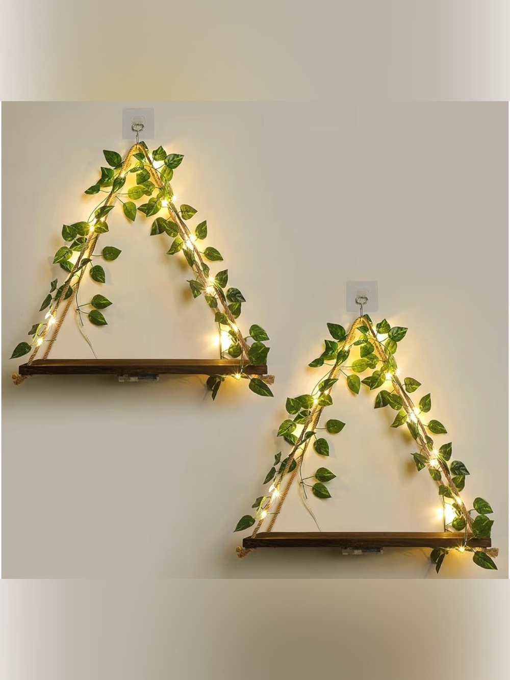 Floating Boho Triangle Wooden Wall Shelves with Green Leaves and Lights